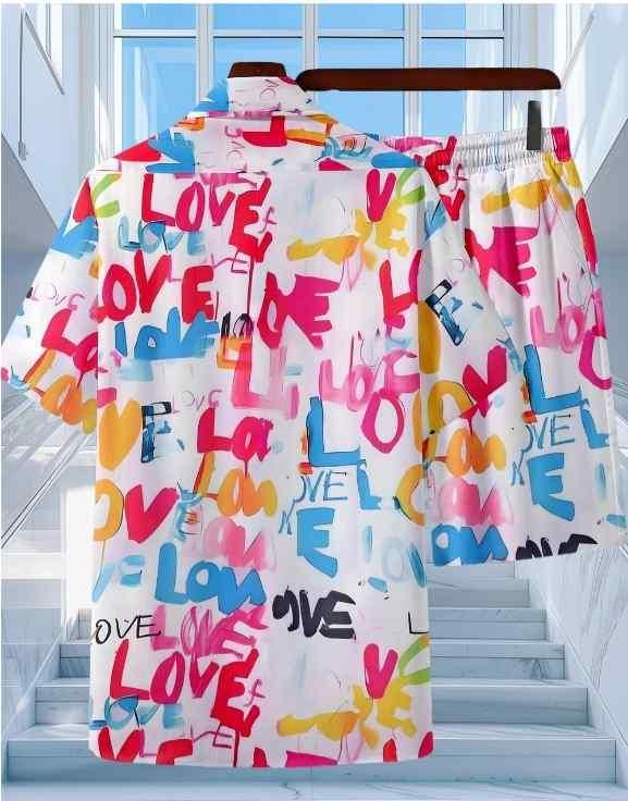 Men's Casual Summer Shirt Set Heart English Two-piece Co-ord Set